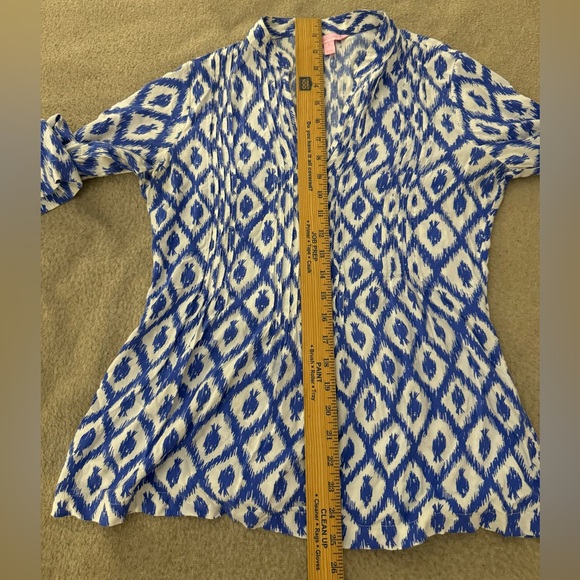 LILLY PULITZER TOP BLUE WHITE FISH DIAMOND PRINT SARASOTA PINTUCK TUNIC SIZE S - Picture 6 of 8
